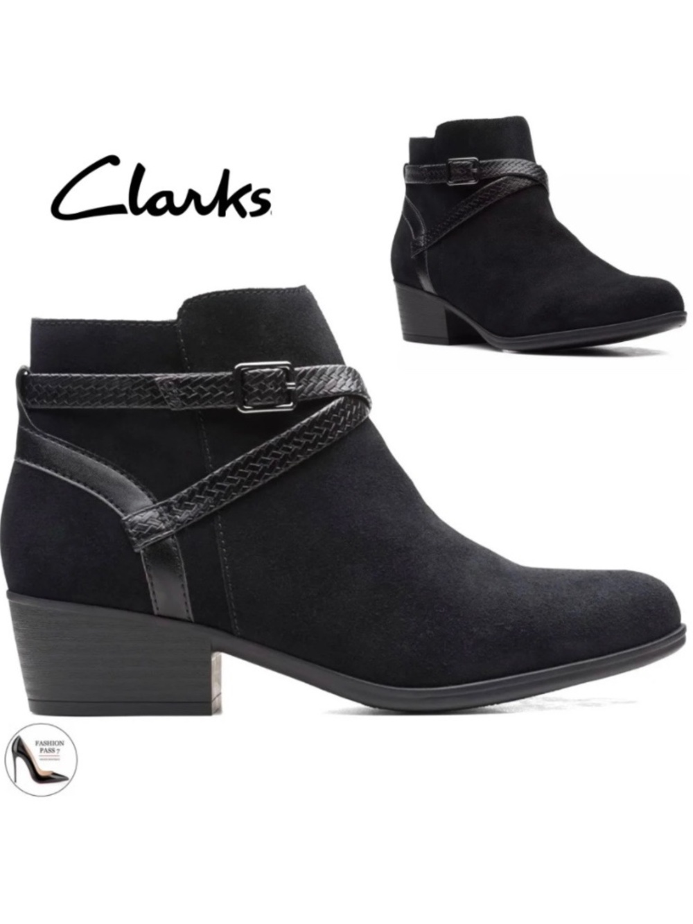 Clarks black suede Adreena Hi bootie leather block heel round toe ankle boot 9.5